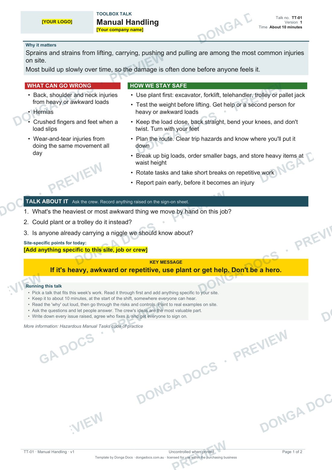 Preview of page 1 of the Manual Handling
