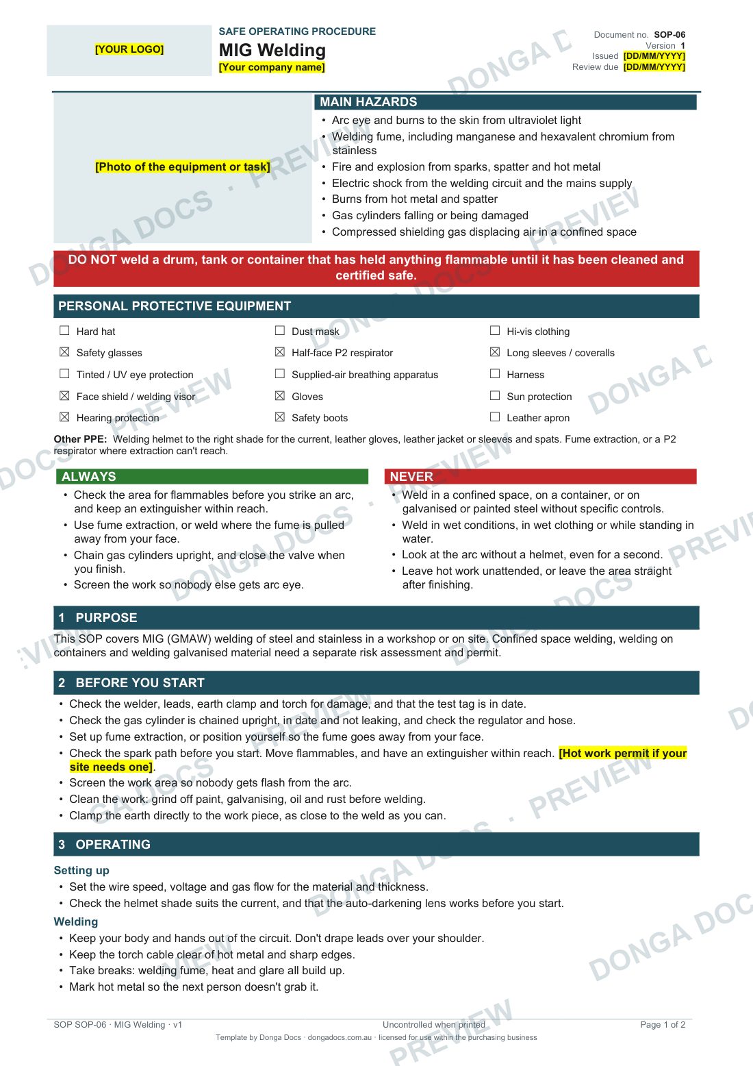 Preview of page 1 of the MIG Welding SOP