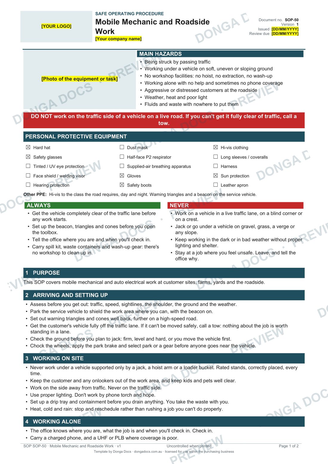 Preview of page 1 of the Mobile Mechanic and Roadside Work SOP