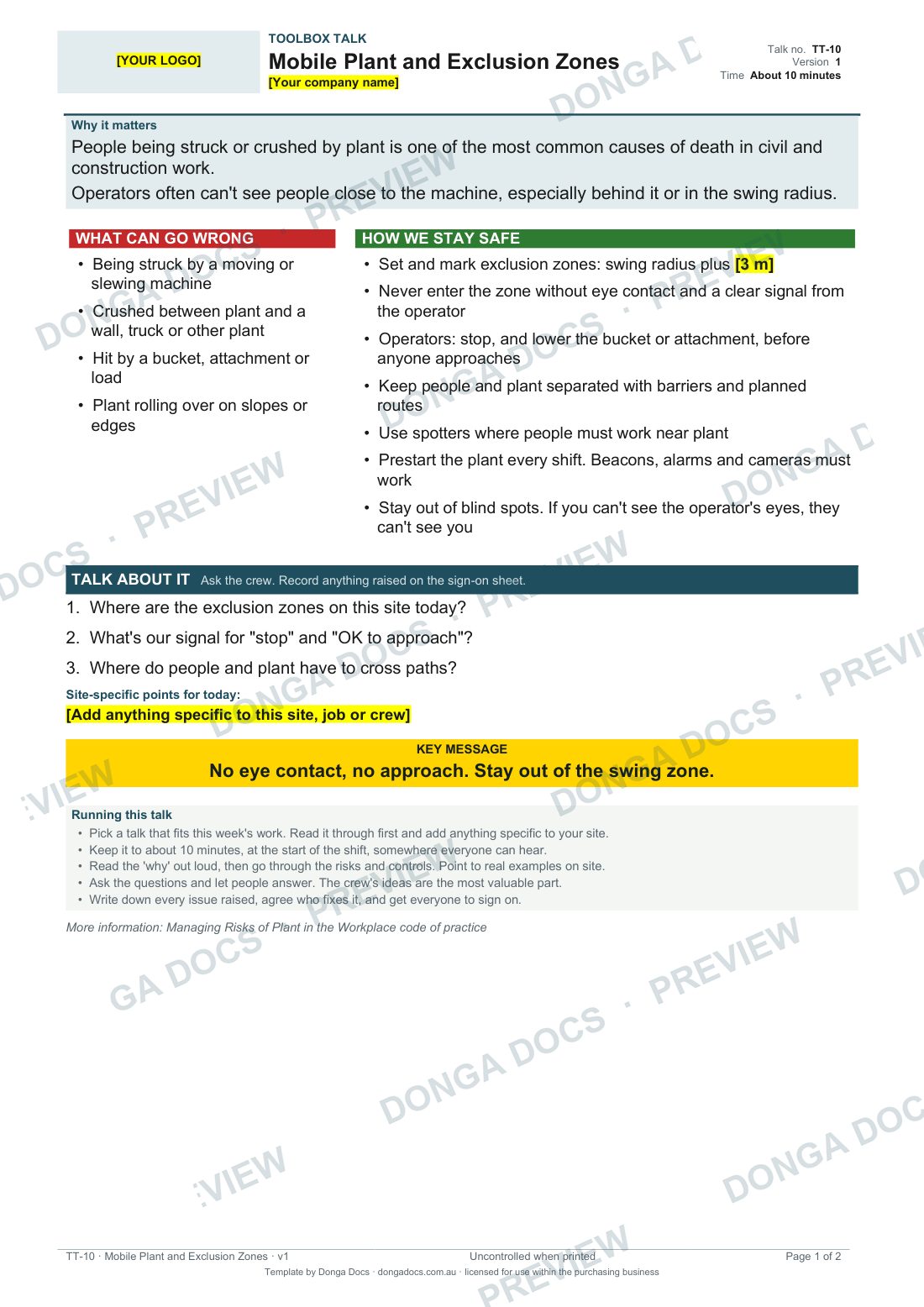 Preview of page 1 of the Mobile Plant and Exclusion Zones