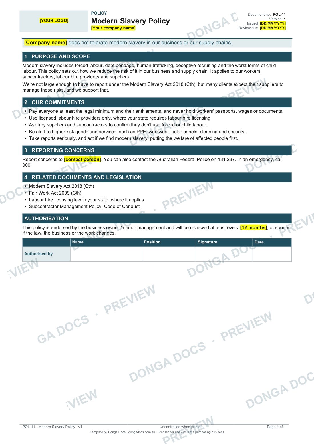 Preview of page 1 of the Modern Slavery Policy
