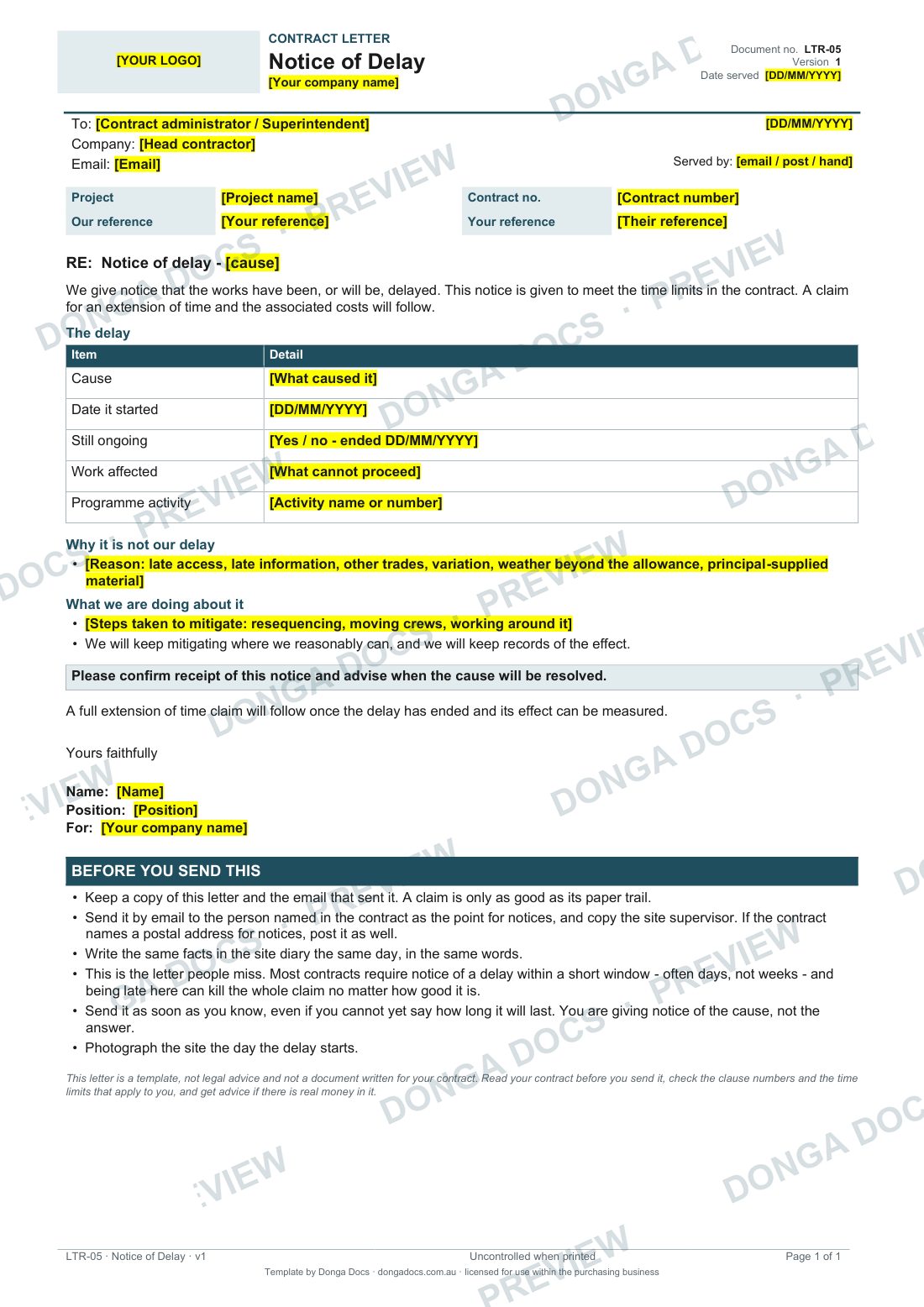 Preview of page 1 of the Notice of Delay