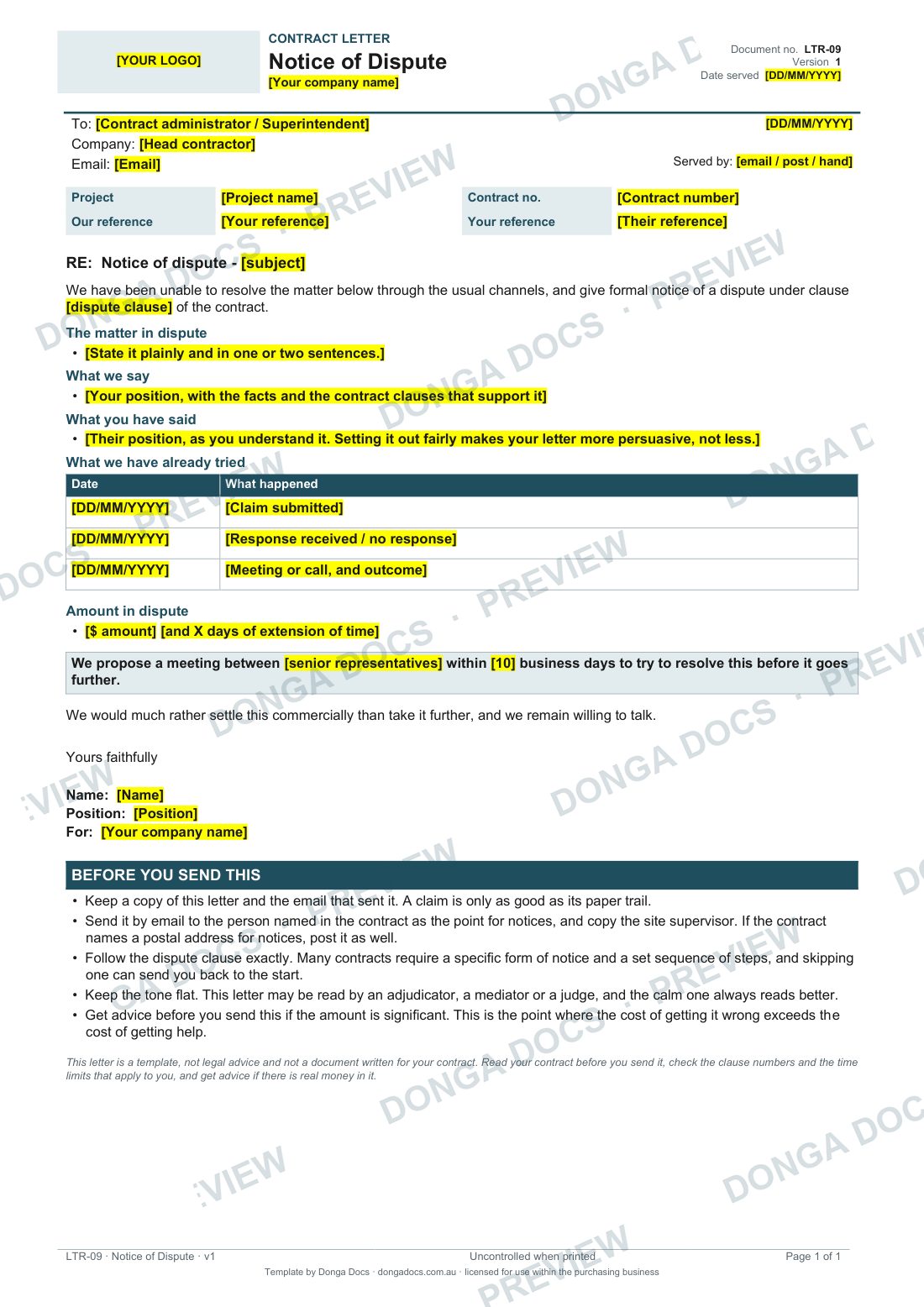 Preview of page 1 of the Notice of Dispute