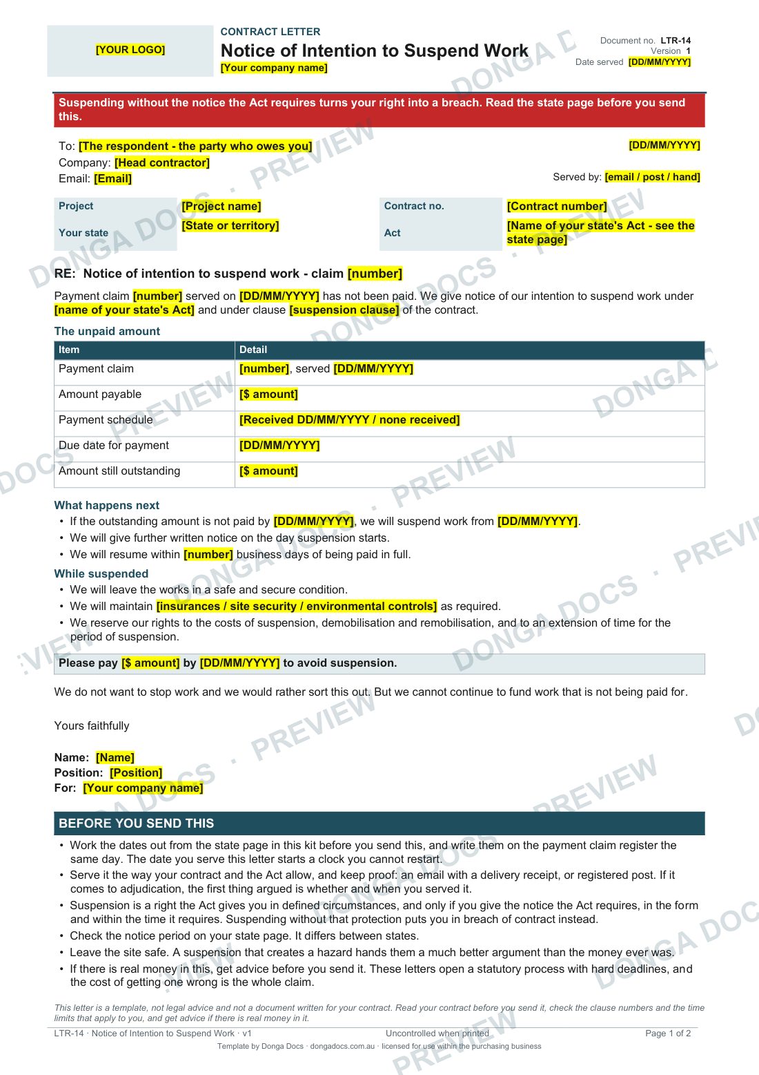 Preview of page 1 of the Notice of Intention to Suspend Work