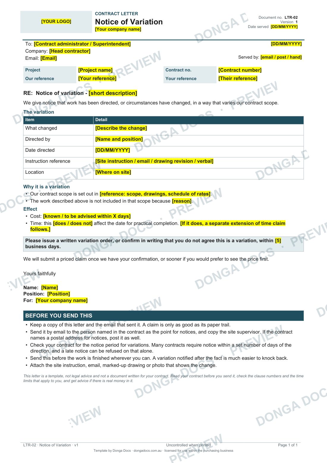 Preview of page 1 of the Notice of Variation