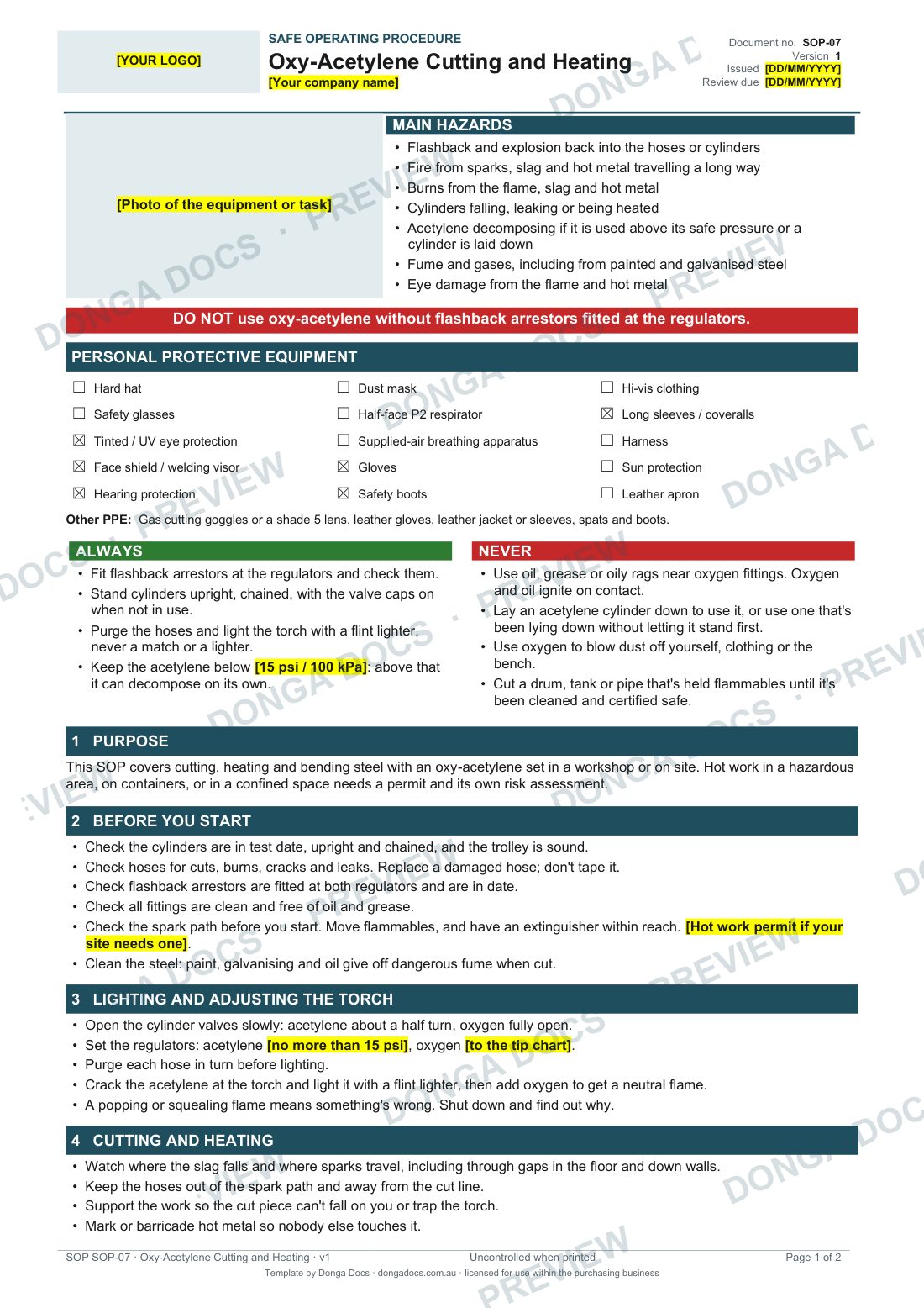 Preview of page 1 of the Oxy-Acetylene Cutting and Heating SOP