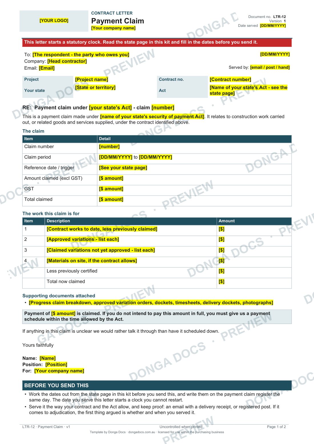 Preview of page 1 of the Payment Claim