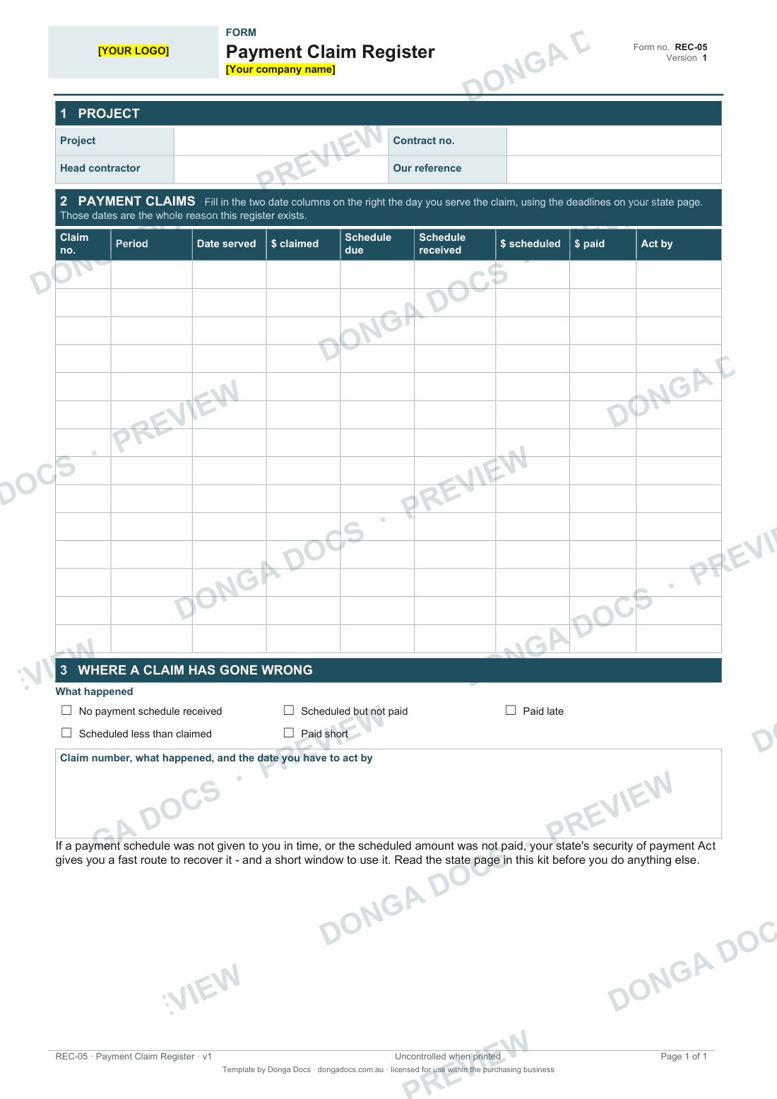 Preview of page 1 of the Payment Claim Register