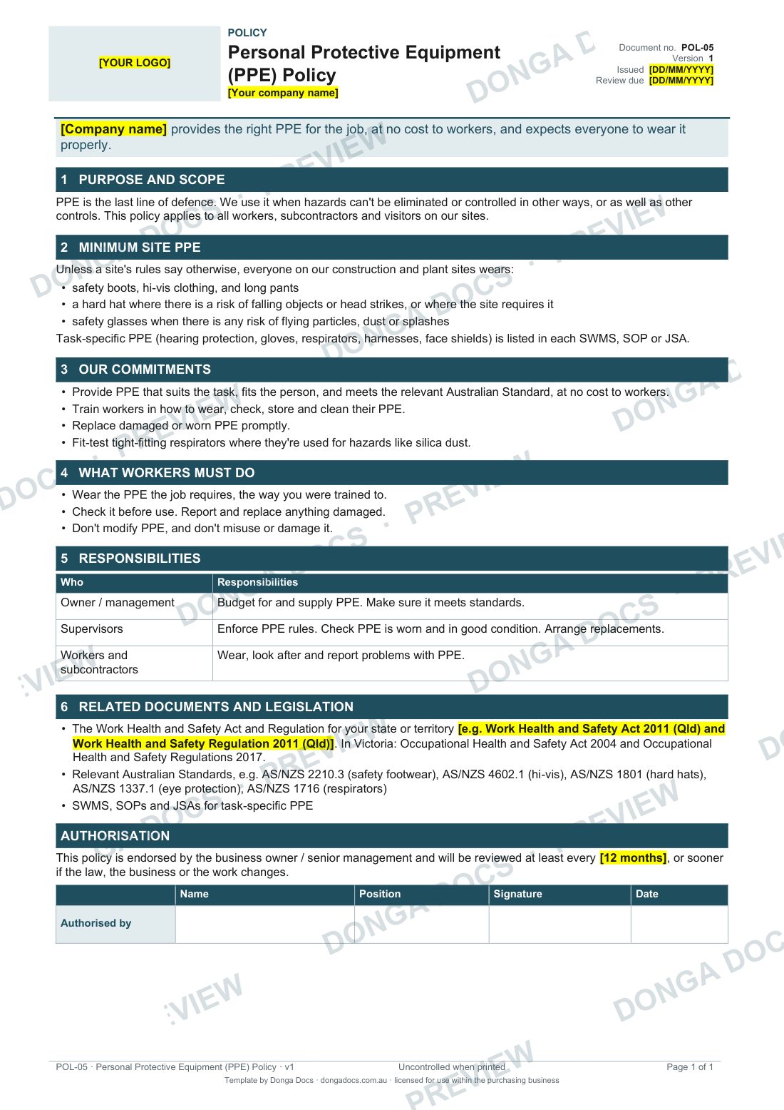 Preview of page 1 of the Personal Protective Equipment (PPE) Policy