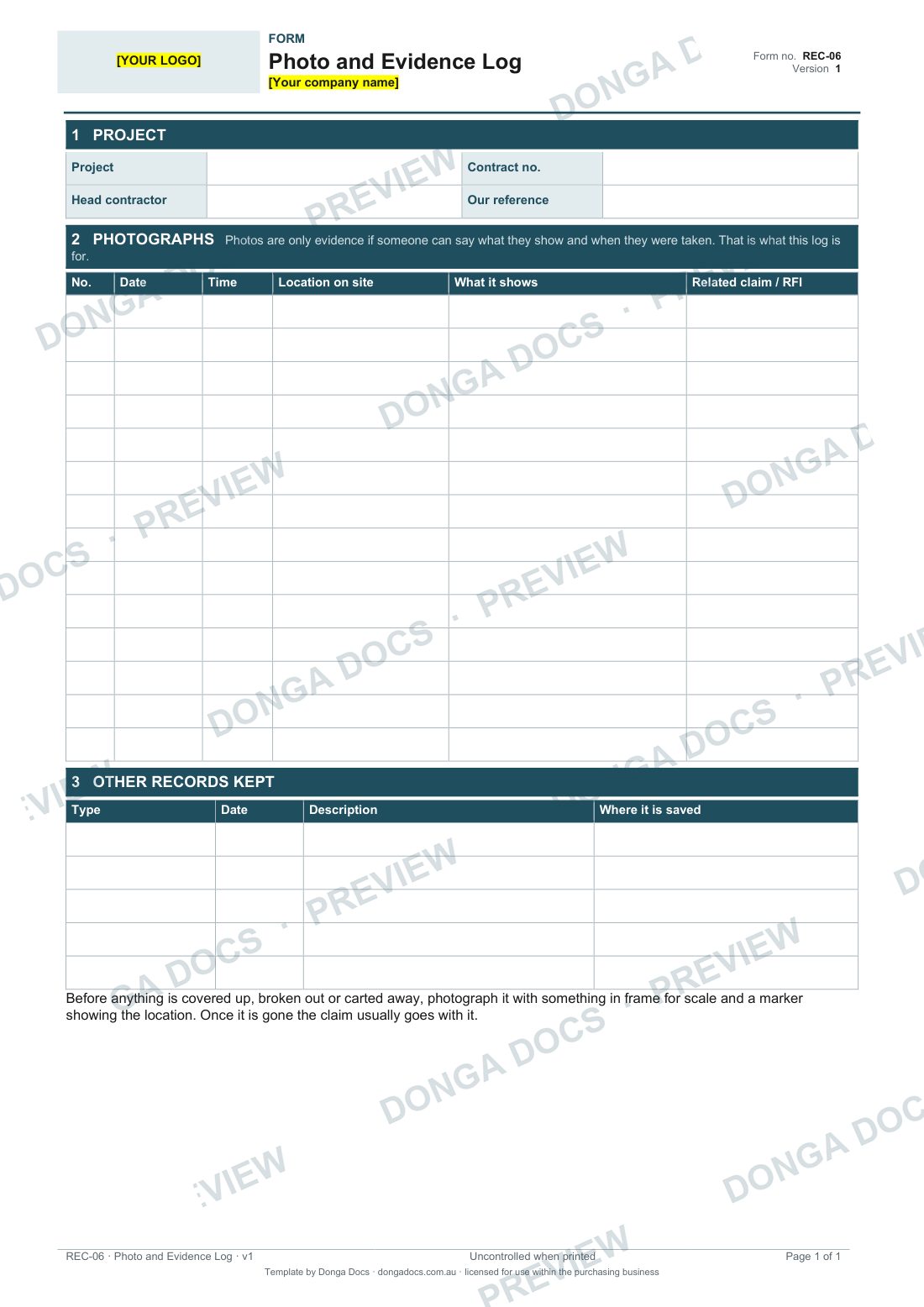 Preview of page 1 of the Photo and Evidence Log
