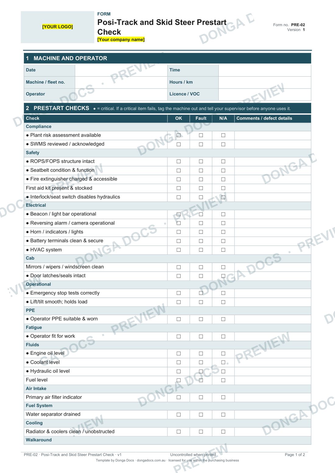 Preview of page 1 of the Posi-Track and Skid Steer Prestart Check