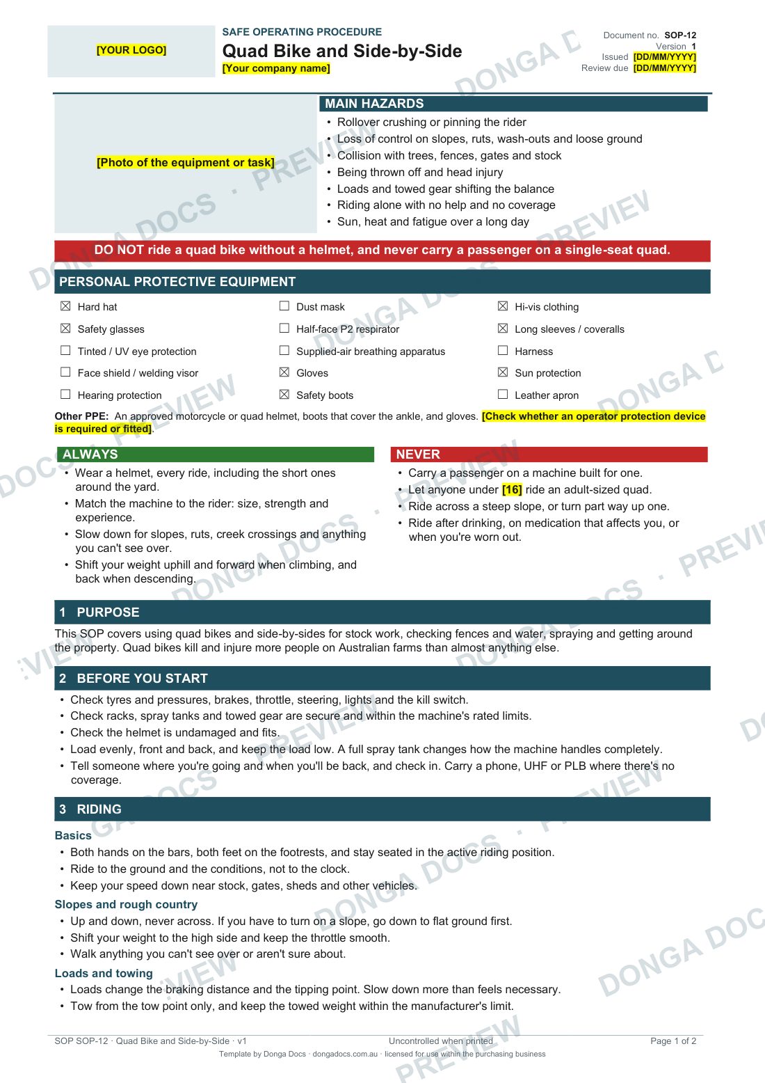 Preview of page 1 of the Quad Bike and Side-by-Side SOP