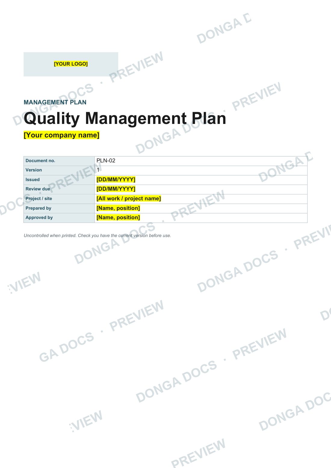 Preview of page 1 of the Quality Management Plan