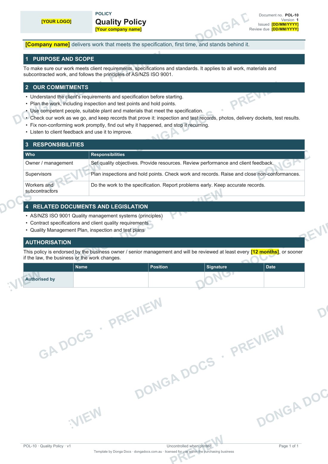 Preview of page 1 of the Quality Policy