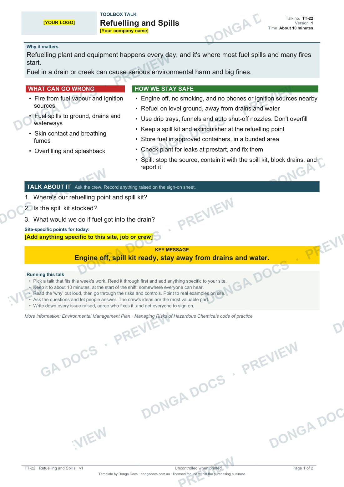 Preview of page 1 of the Refuelling and Spills