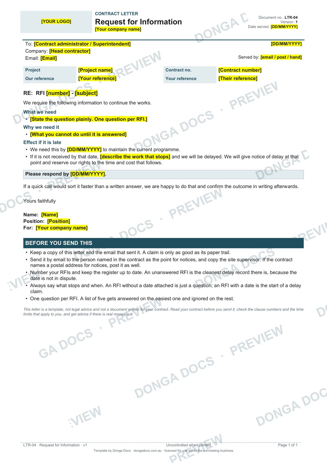 Preview of page 1 of the Request for Information