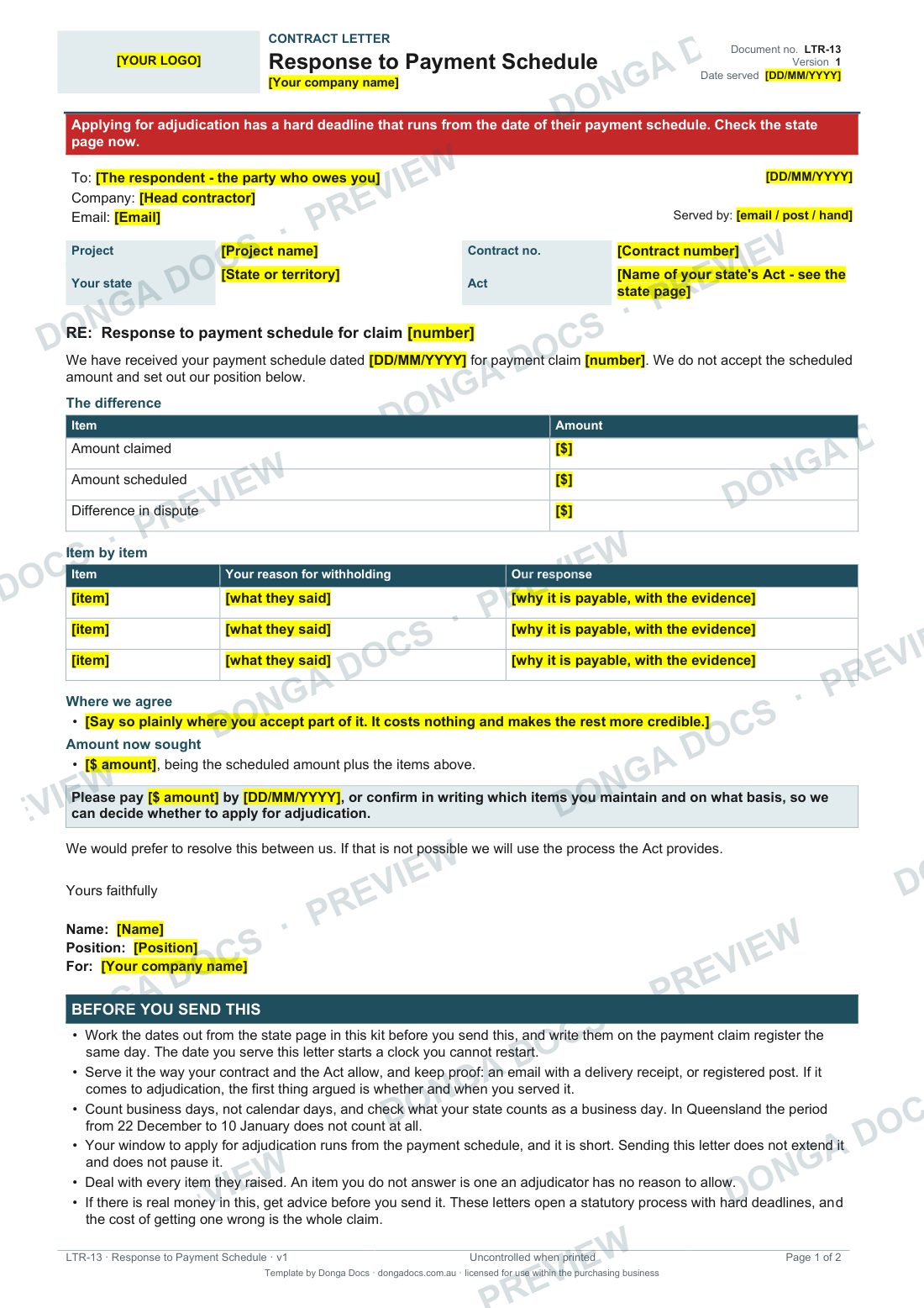 Preview of page 1 of the Response to Payment Schedule
