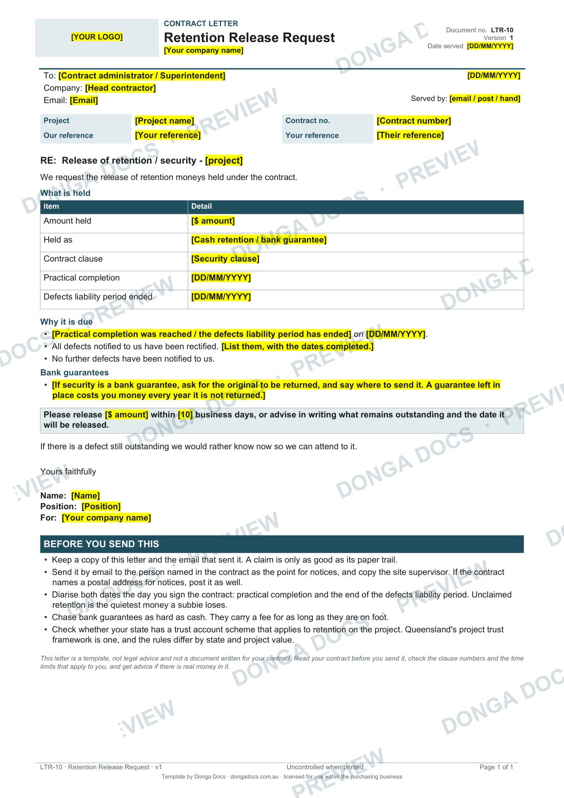 Preview of page 1 of the Retention Release Request