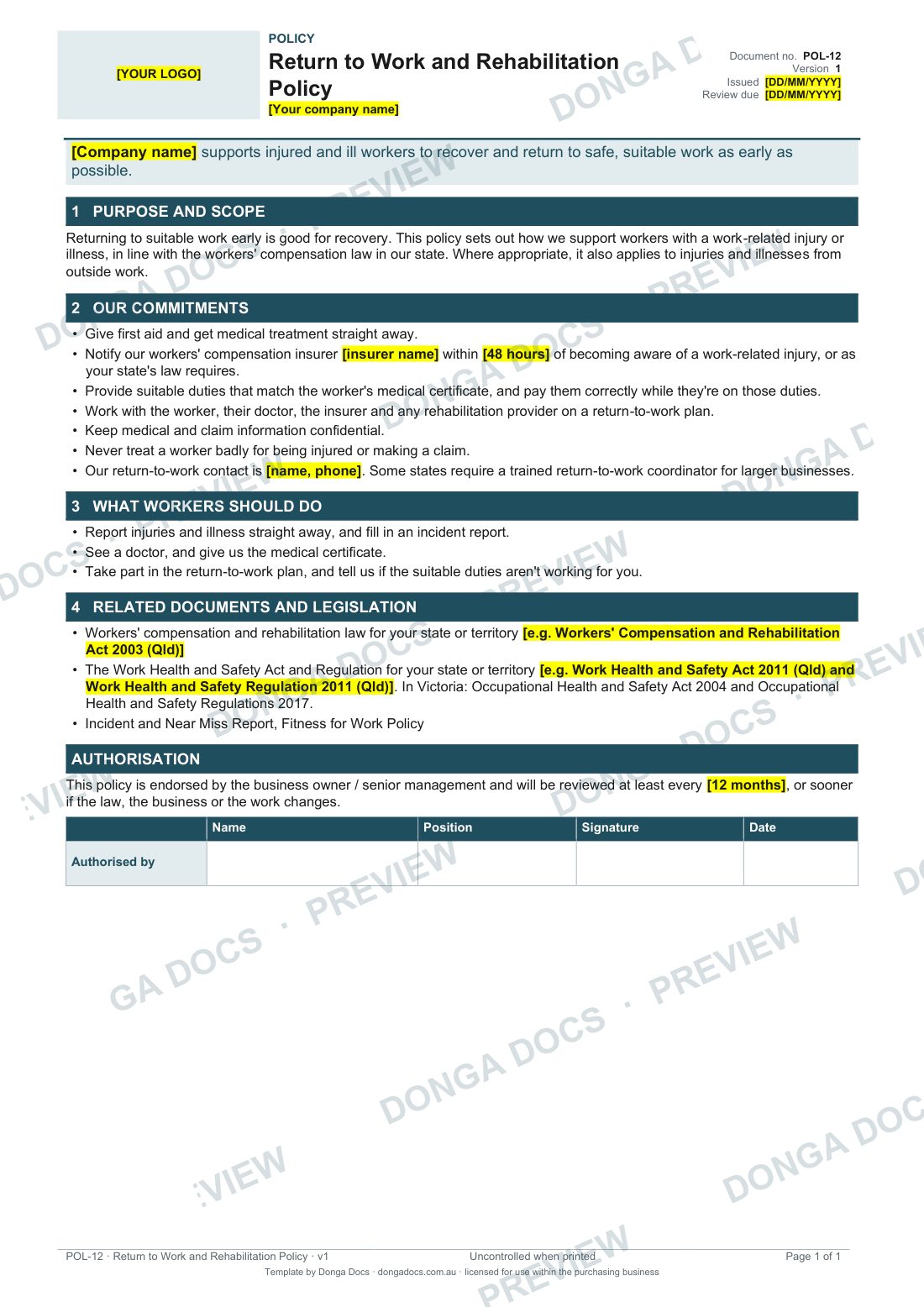 Preview of page 1 of the Return to Work and Rehabilitation Policy
