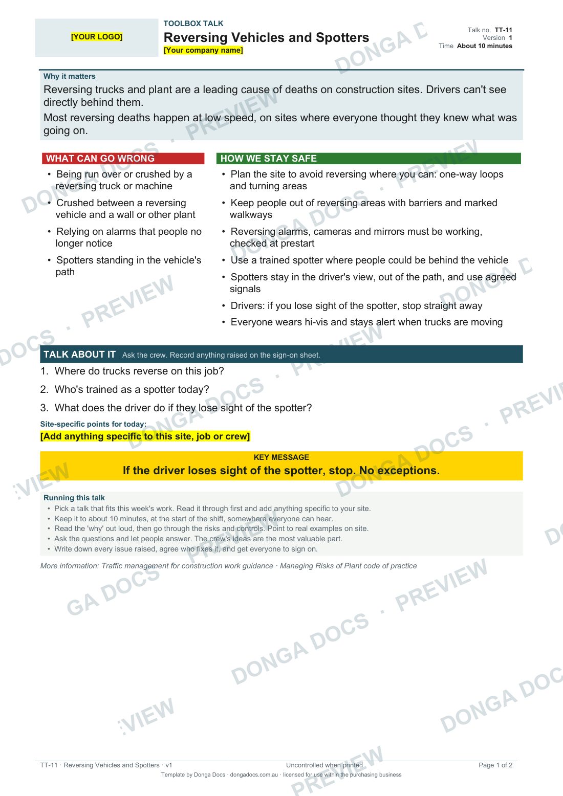 Preview of page 1 of the Reversing Vehicles and Spotters