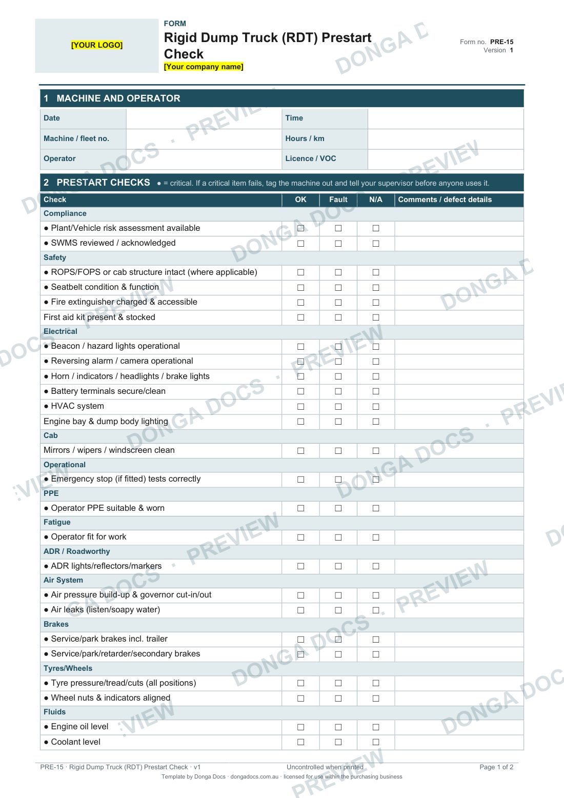 Preview of page 1 of the Rigid Dump Truck (RDT) Prestart Check