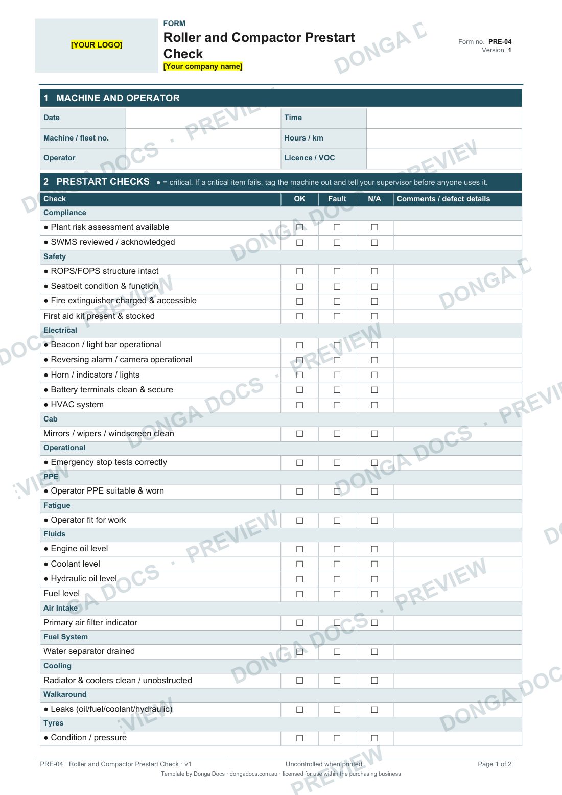 Preview of page 1 of the Roller and Compactor Prestart Check