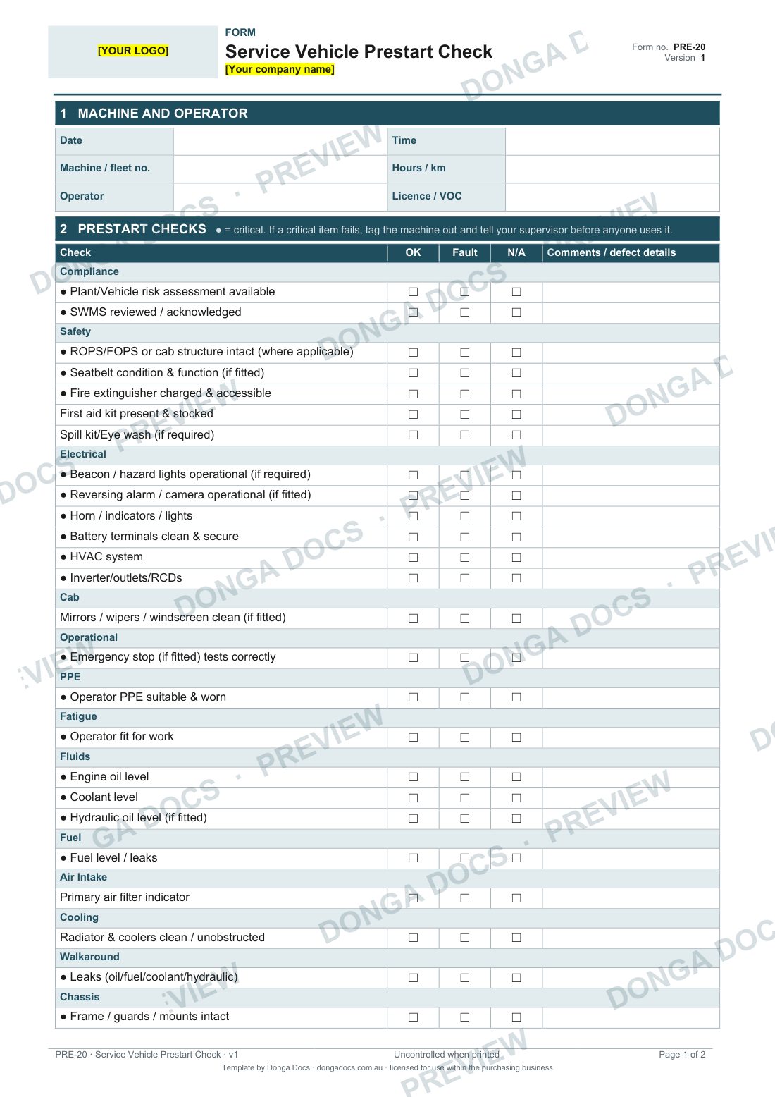 Preview of page 1 of the Service Vehicle Prestart Check