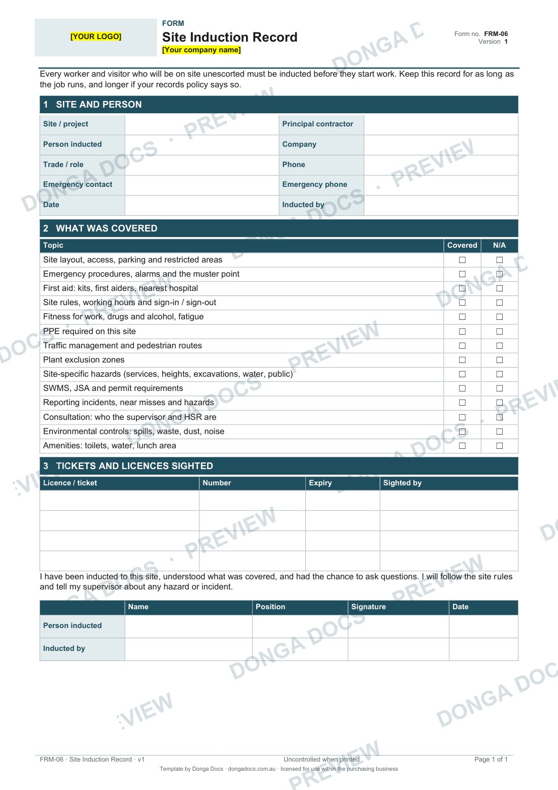Preview of page 1 of the Site Induction Record