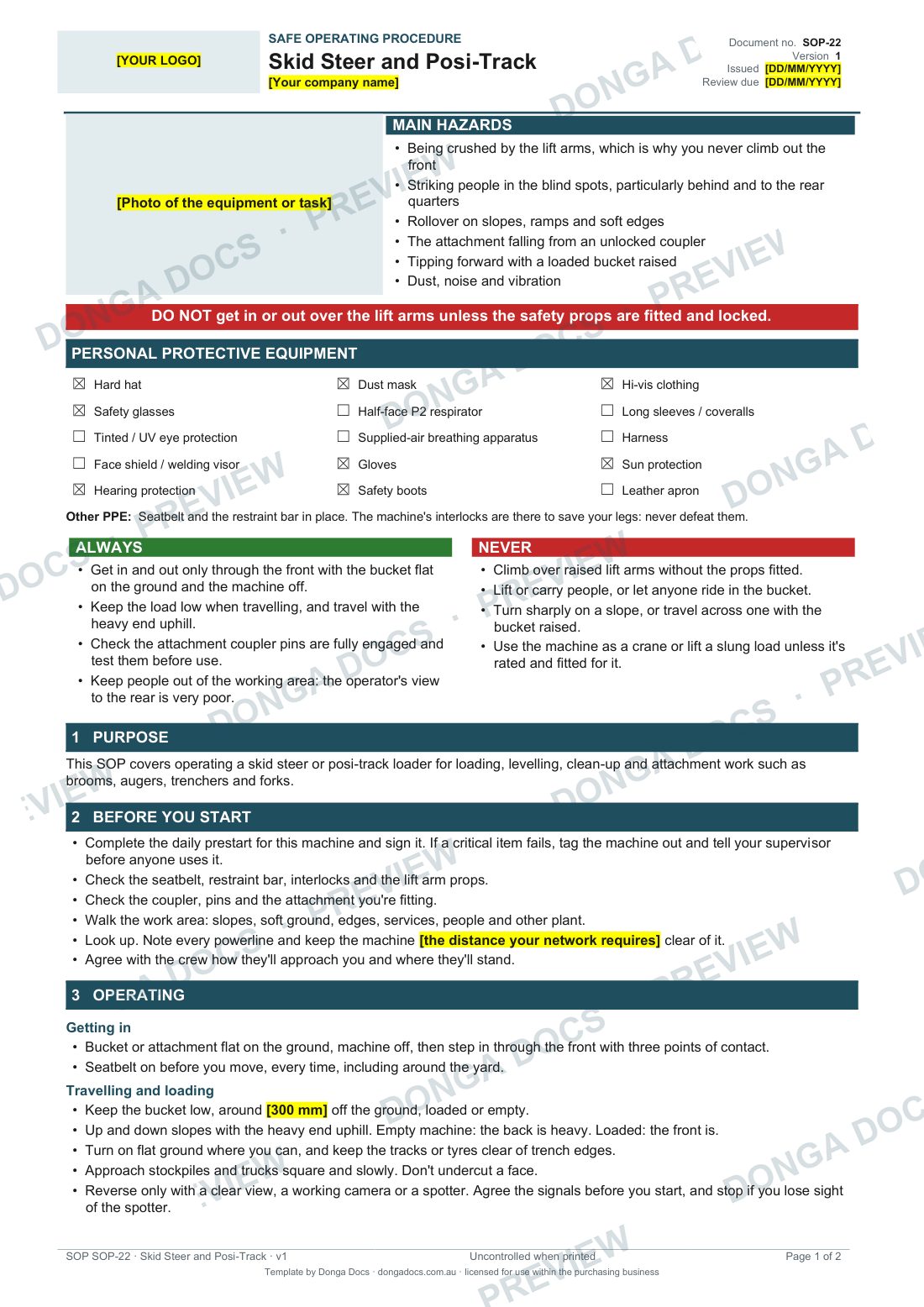 Preview of page 1 of the Skid Steer and Posi-Track SOP