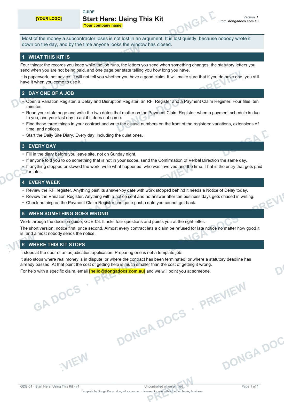 Preview of a template from the Money Recovery Kit