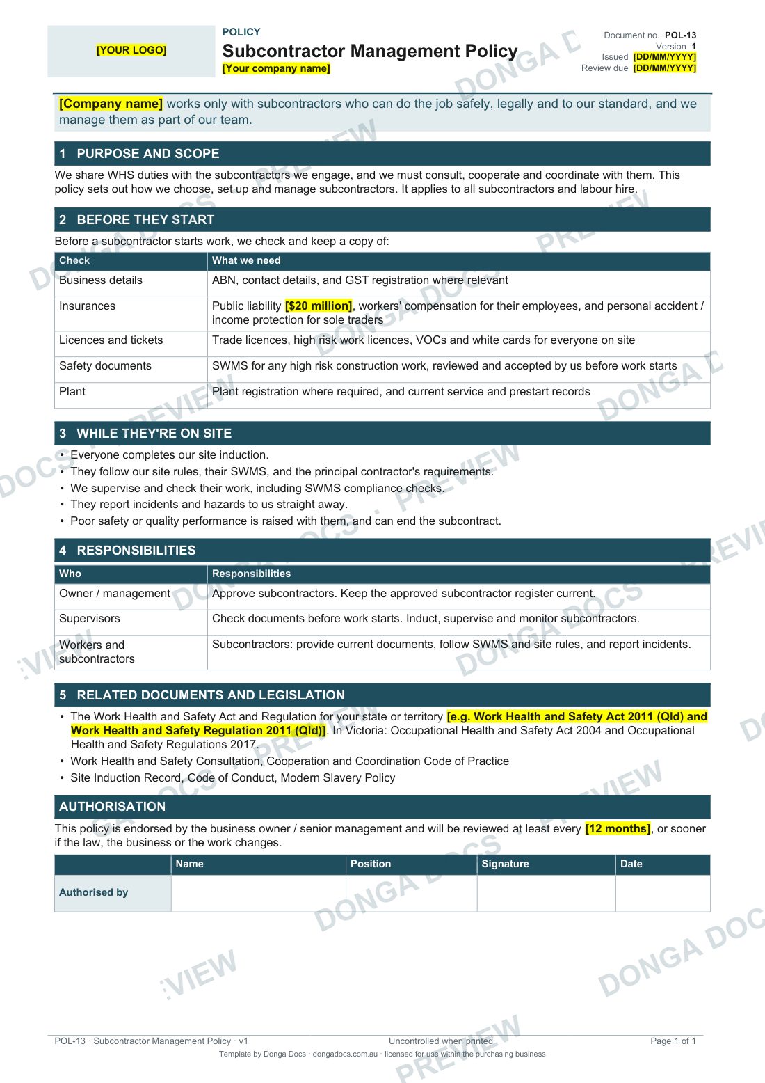 Preview of page 1 of the Subcontractor Management Policy