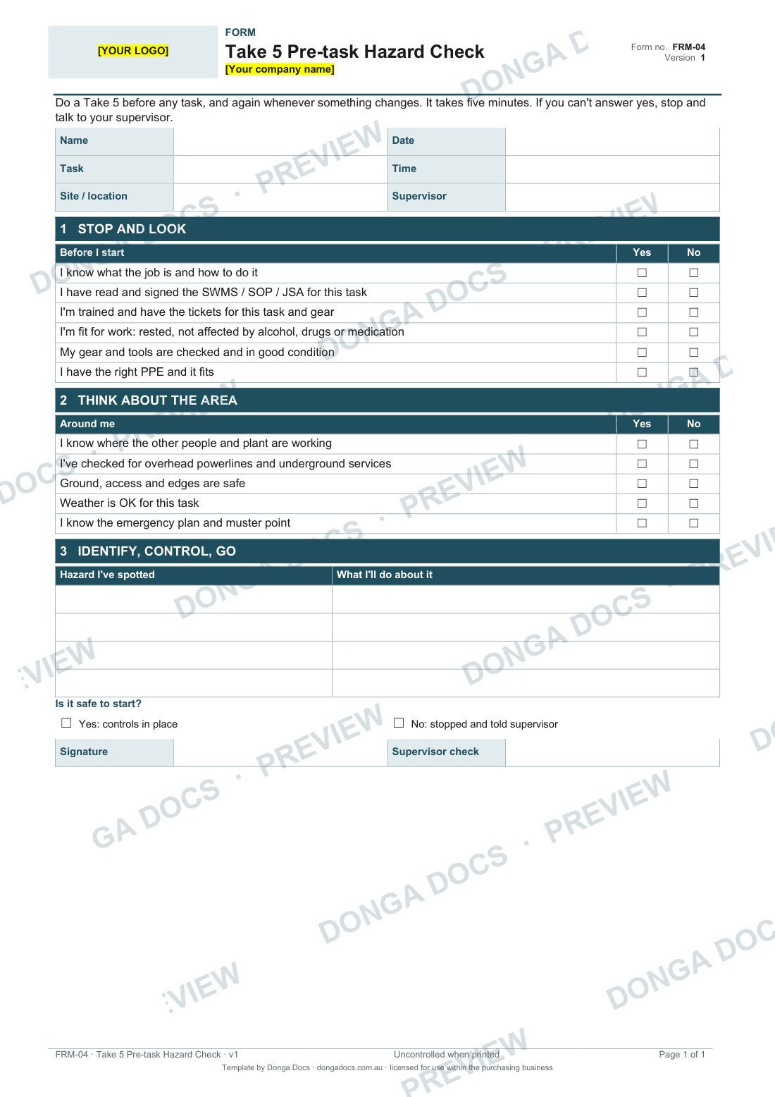 Preview of page 1 of the Take 5 Pre-task Hazard Check