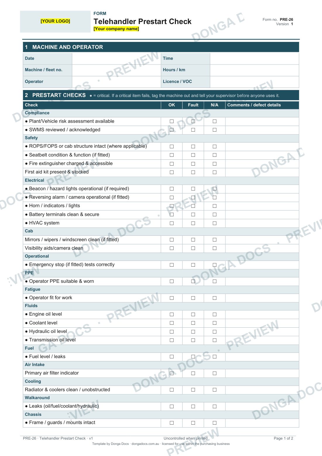 Preview of page 1 of the Telehandler Prestart Check