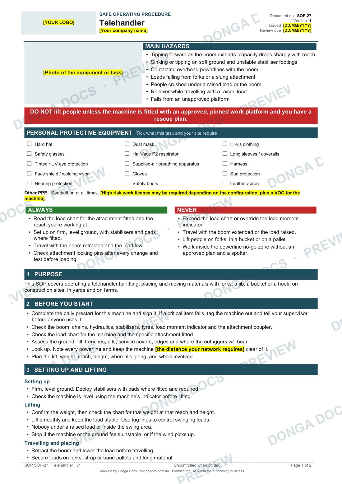 Preview of page 1 of the Telehandler SOP