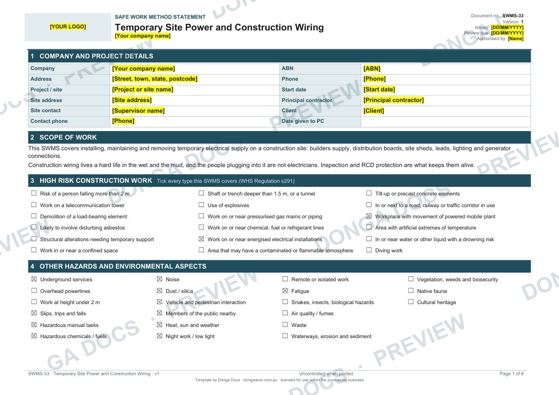 Preview of page 1 of the Temporary Site Power and Construction Wiring