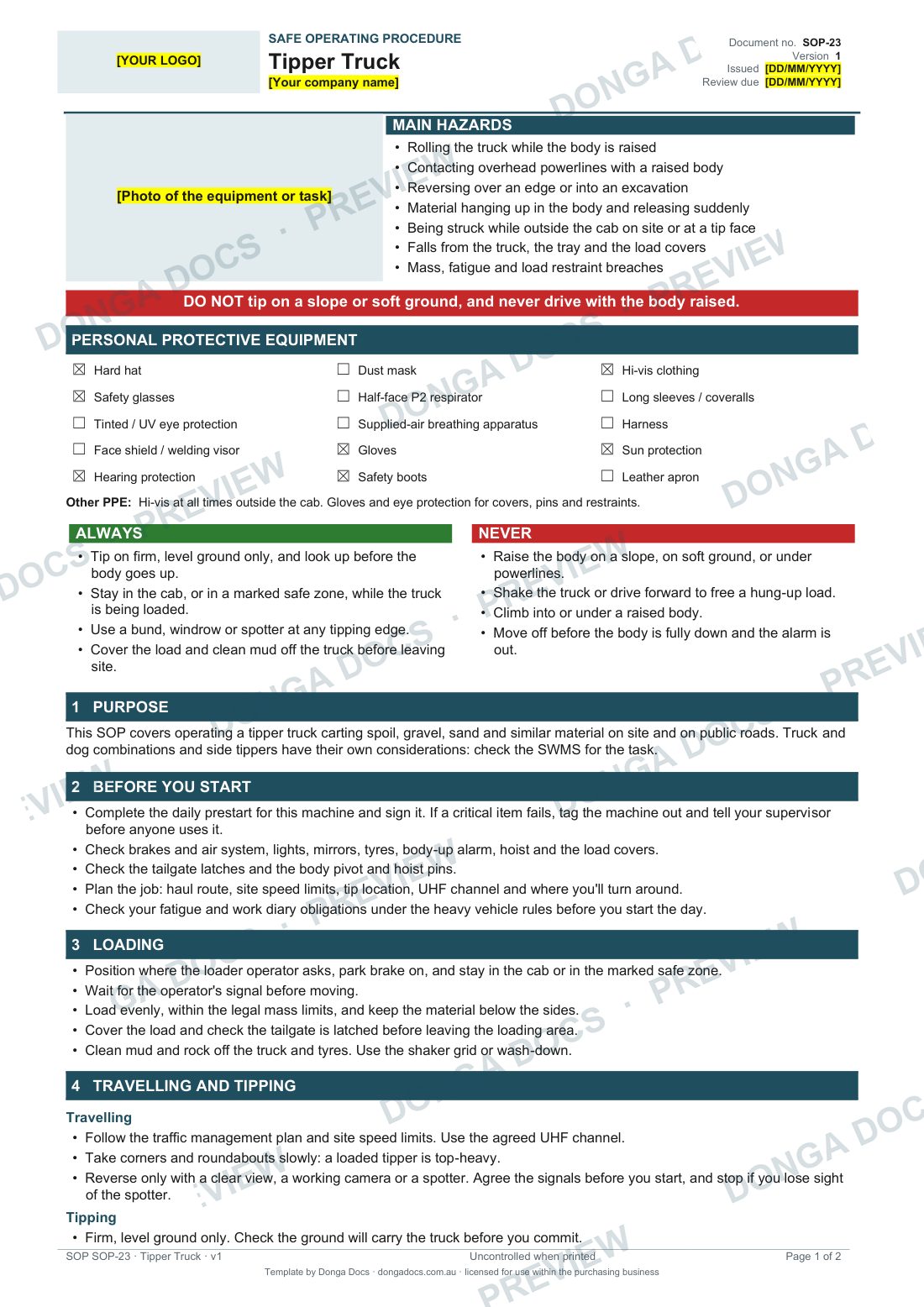 Preview of page 1 of the Tipper Truck SOP