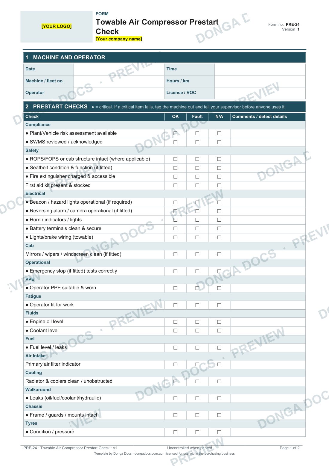 Preview of page 1 of the Towable Air Compressor Prestart Check