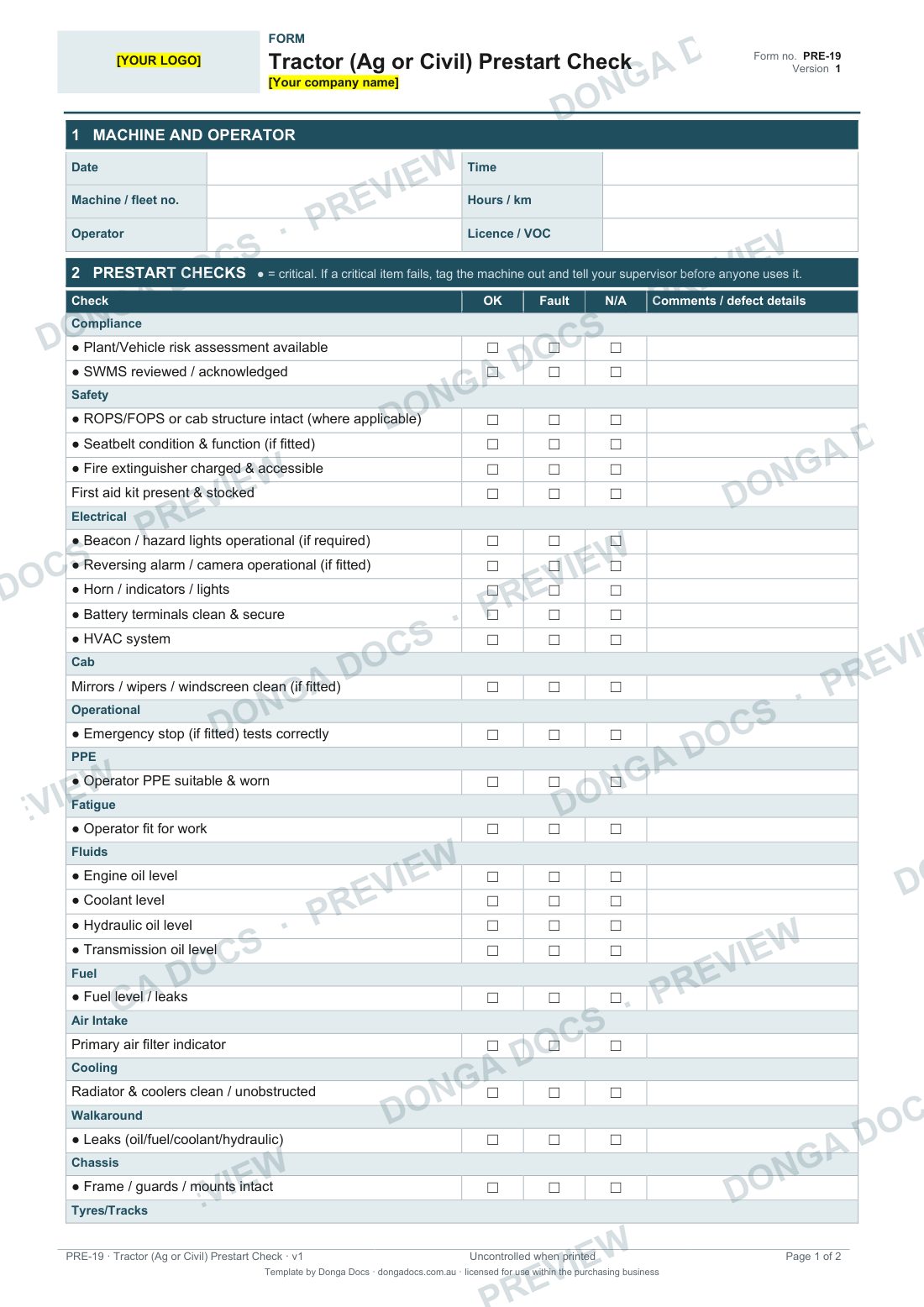 Preview of page 1 of the Tractor (Ag or Civil) Prestart Check