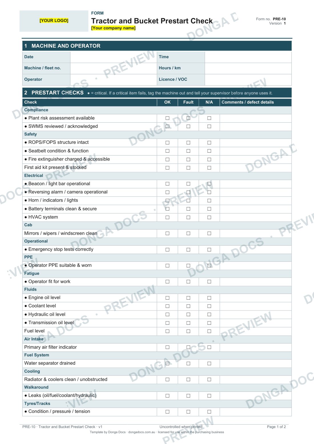 Preview of page 1 of the Tractor and Bucket Prestart Check