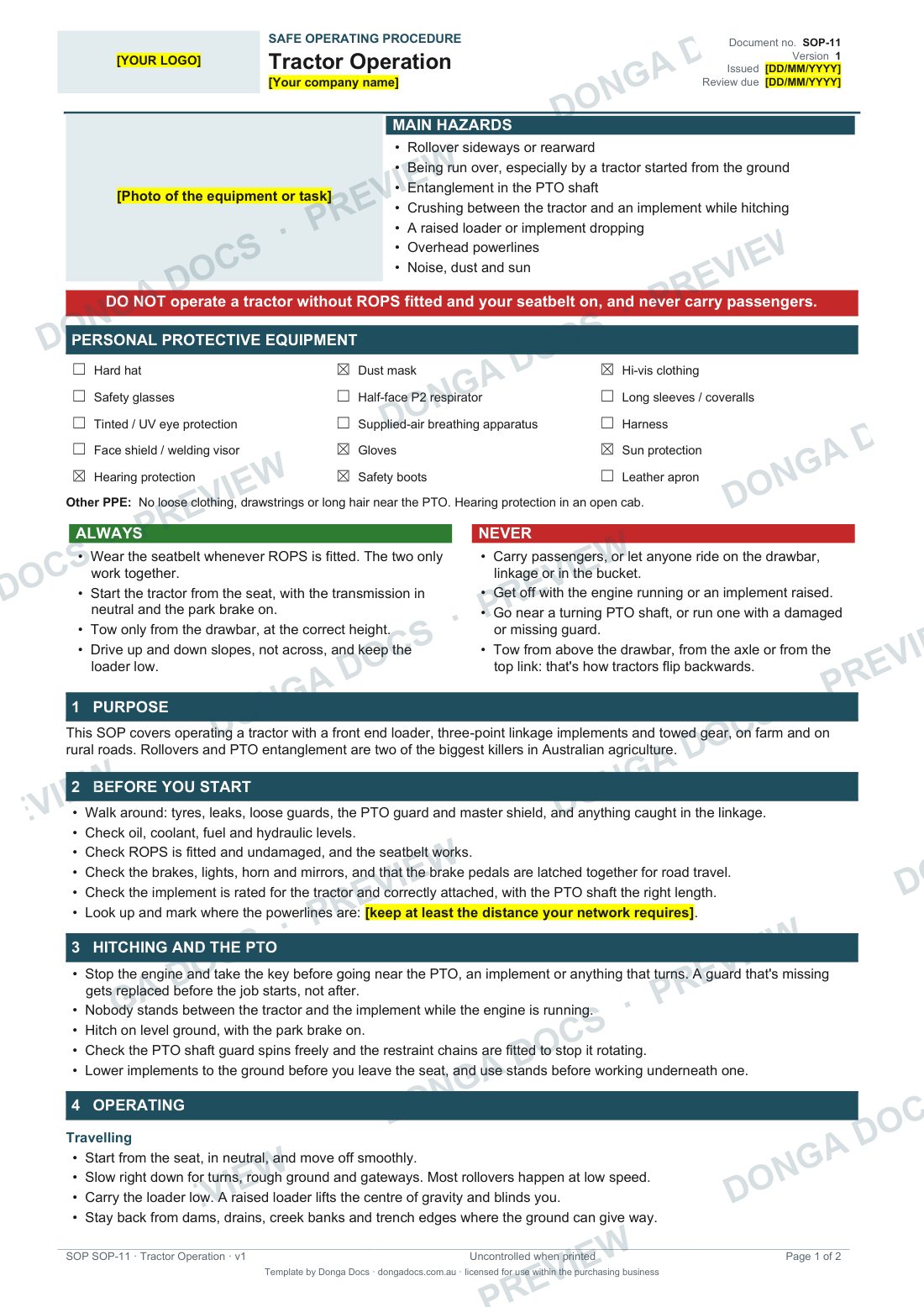 Preview of page 1 of the Tractor Operation SOP
