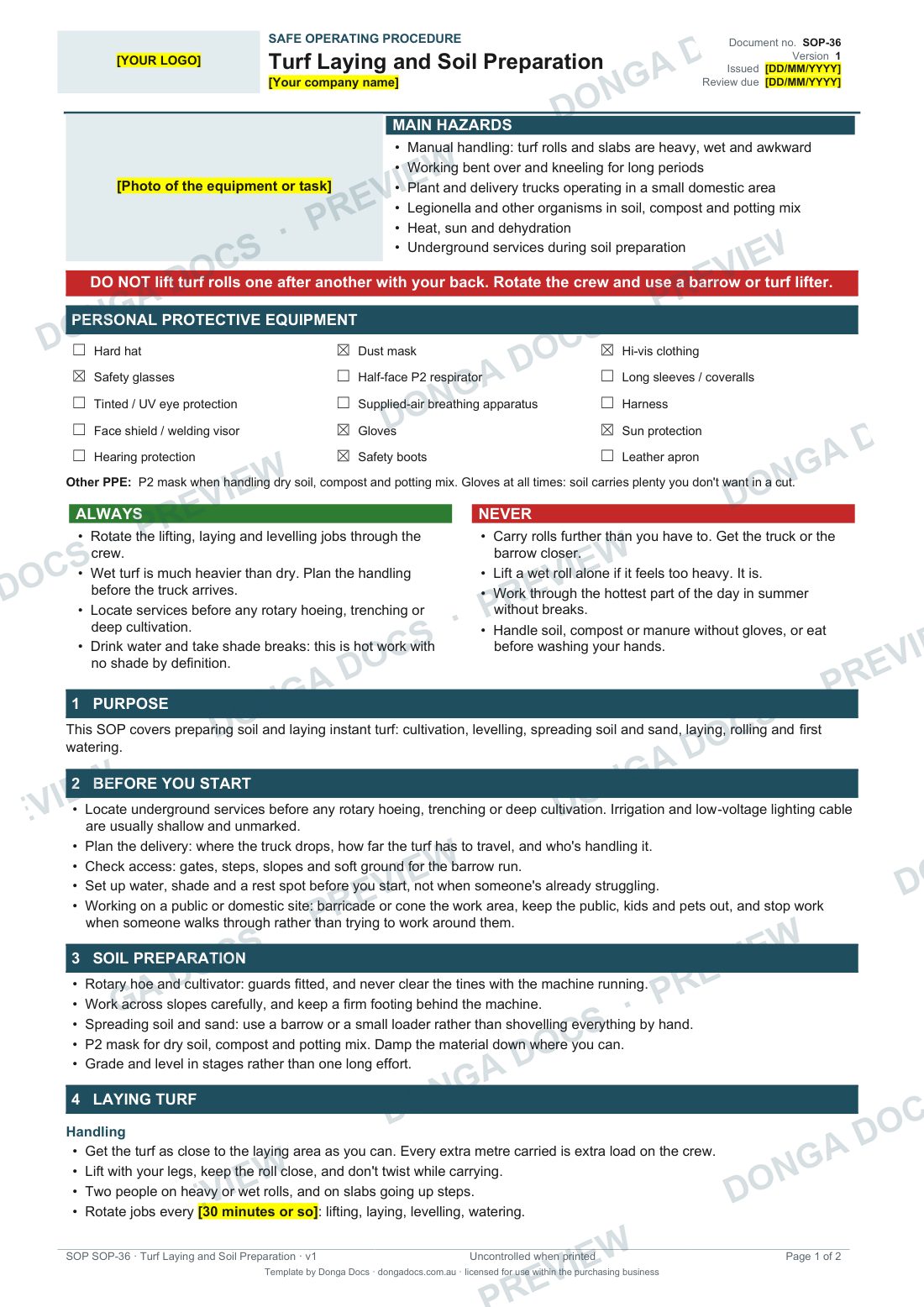 Preview of page 1 of the Turf Laying and Soil Preparation SOP
