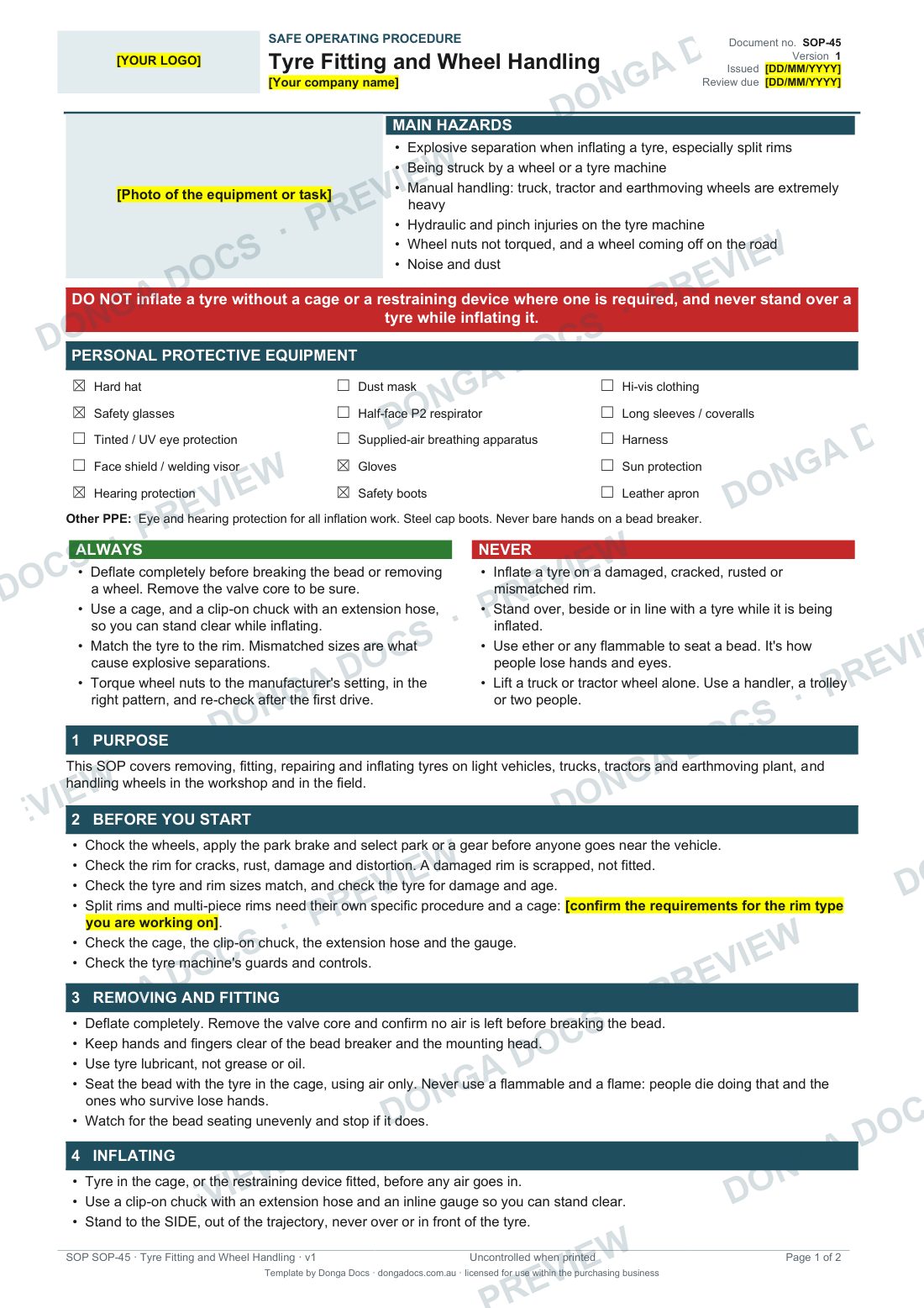 Preview of page 1 of the Tyre Fitting and Wheel Handling SOP