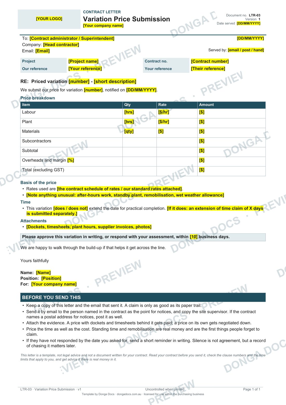 Preview of page 1 of the Variation Price Submission