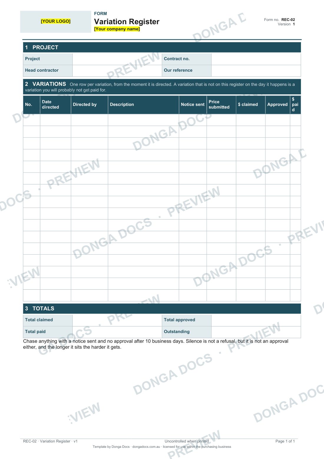 Preview of page 1 of the Variation Register