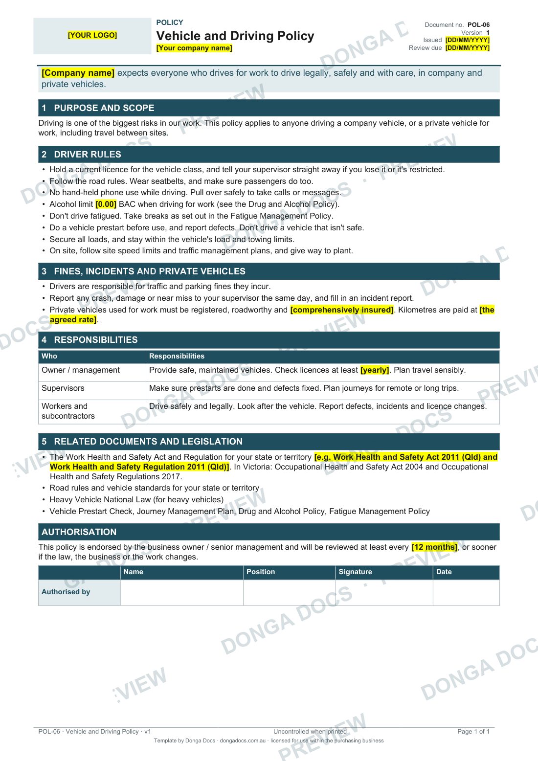 Preview of page 1 of the Vehicle and Driving Policy