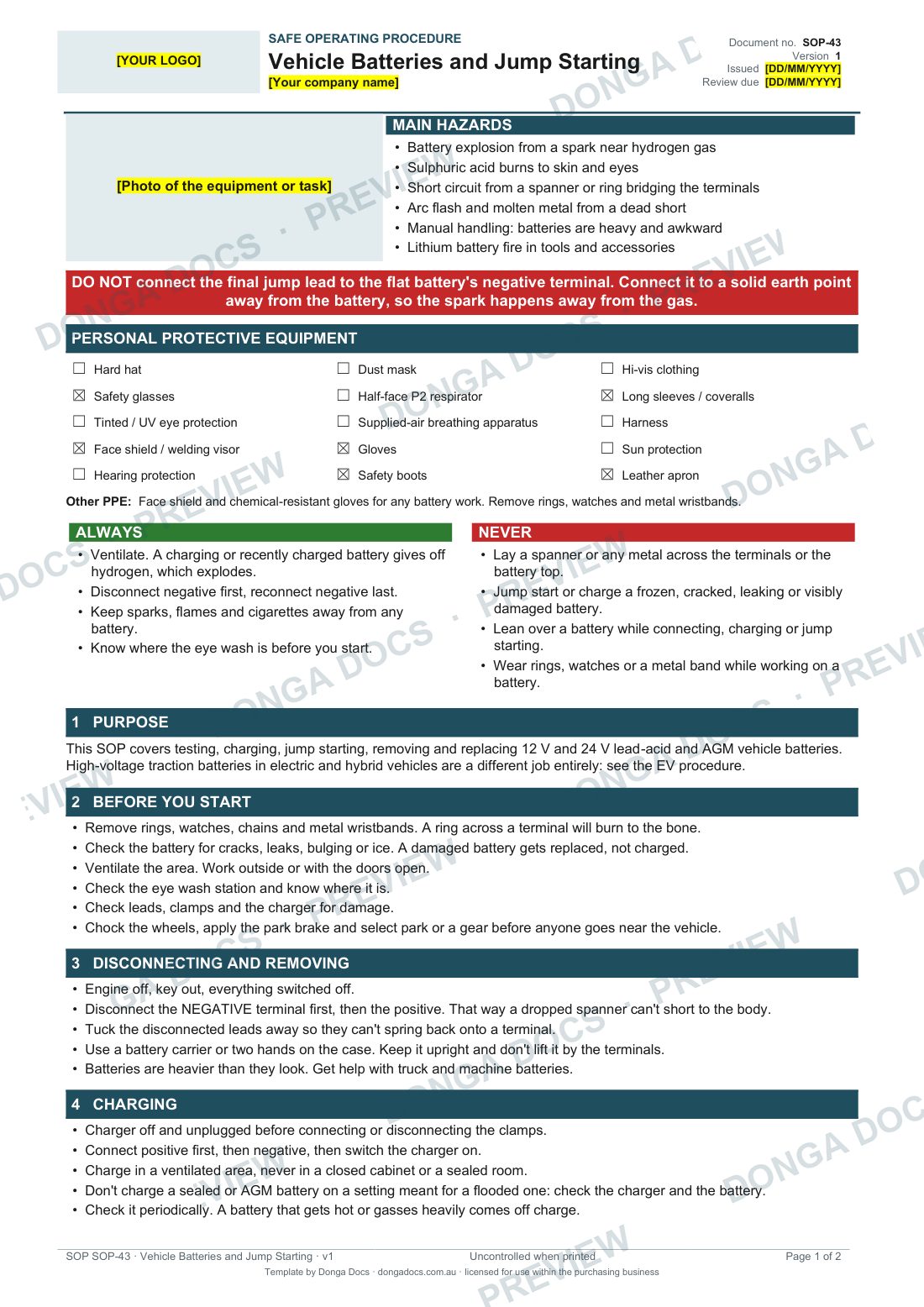 Preview of page 1 of the Vehicle Batteries and Jump Starting SOP