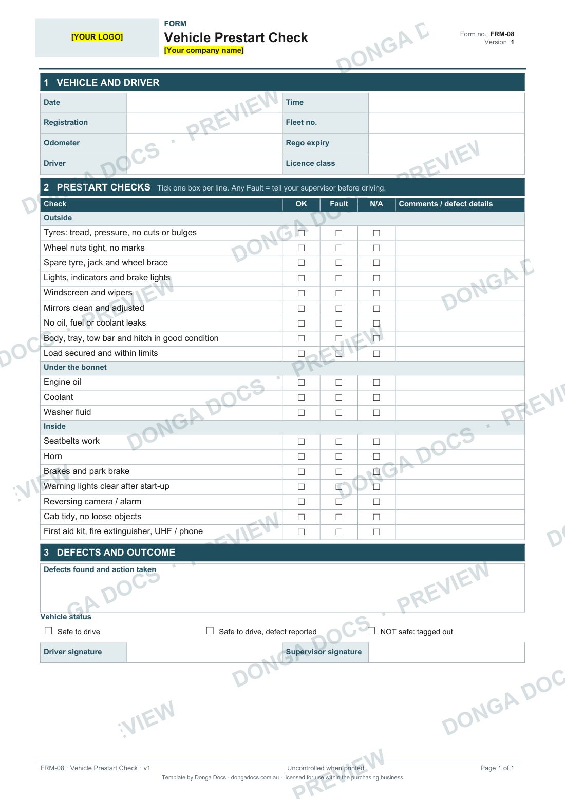 Preview of page 1 of the Vehicle Prestart Check