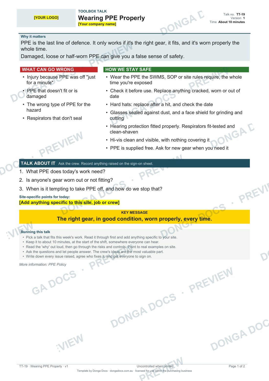 Preview of page 1 of the Wearing PPE Properly
