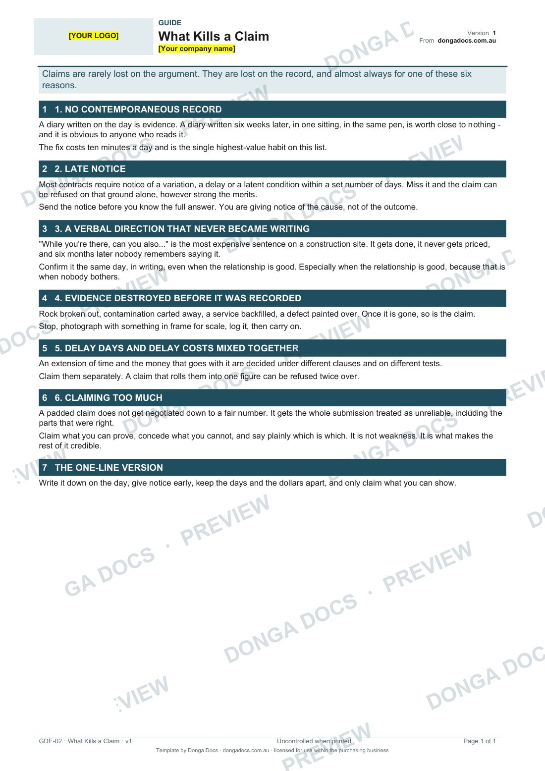 Preview of page 1 of the What Kills a Claim