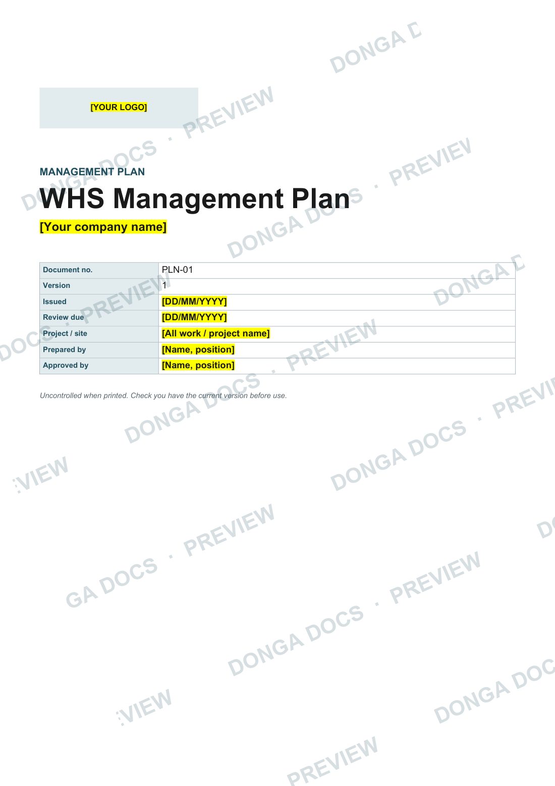 Preview of page 1 of the WHS Management Plan